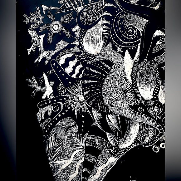Handmade Black & White Sea Shell Mermaid Ocean Fantasy Scratchboard Artwork - Picture 8 of 10